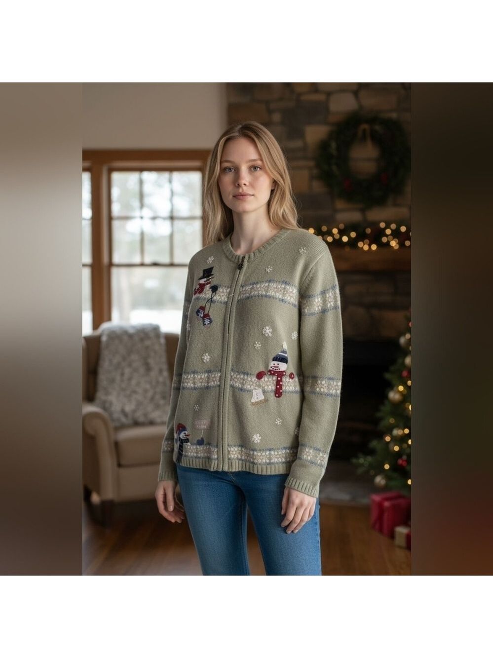 Croft & Barrow Festive Green Cardigan with Snowman Christmas Grandma Hoilday